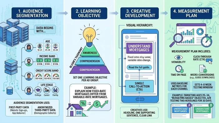 How do financial institutions design an educational campaign ad