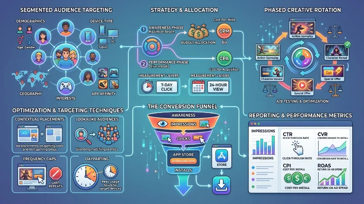 How do gaming companies structure banner campaigns to increase downloads