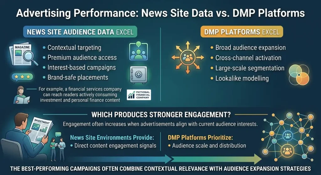 How do news site audience data and DMP platforms compare on advertising performance