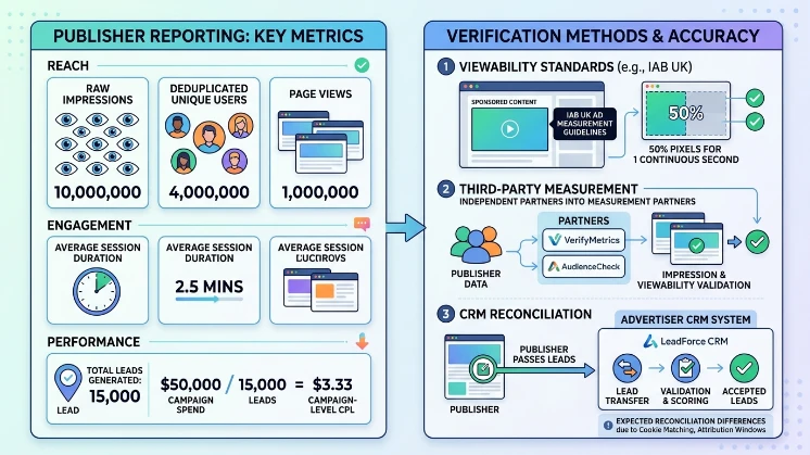 How do publishers report and verify reach and CPL for sponsored content