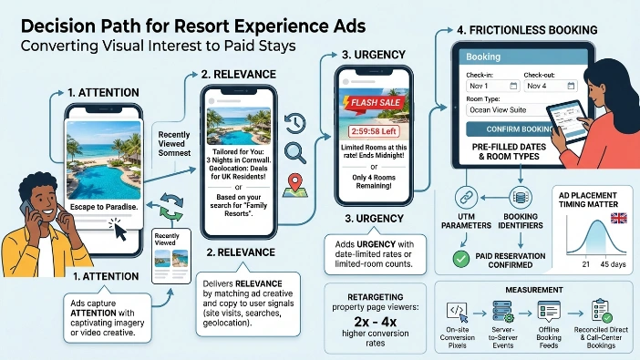 How do resort experience ads work to convert visual interest into paid stays