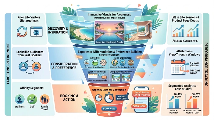 How do resorts use these ads to guide potential guests through the booking funnel