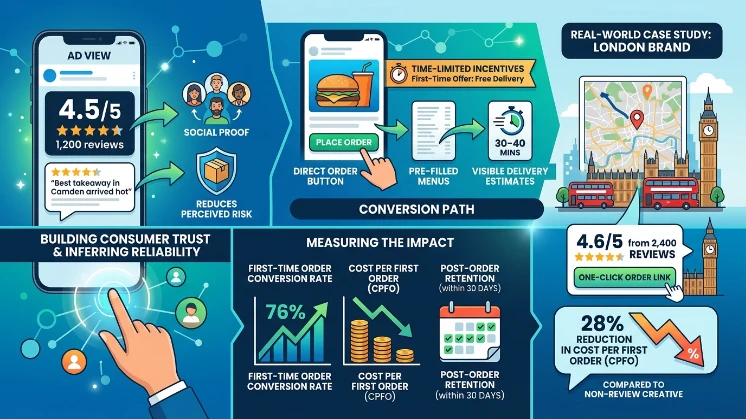 How do review-based ads convert trust into first-time orders