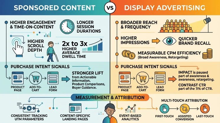 How do sponsored content and display advertising perform on purchase intent metrics