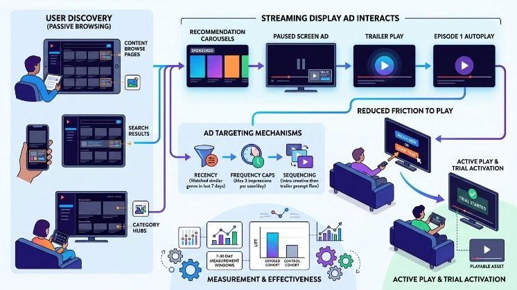 How do streaming display ads fit into the user journey from discovery to trial