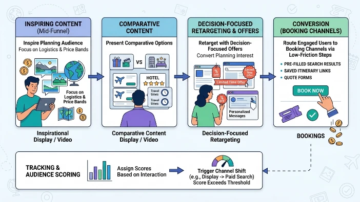 How do travel companies move planning audiences into booking pipelines?
