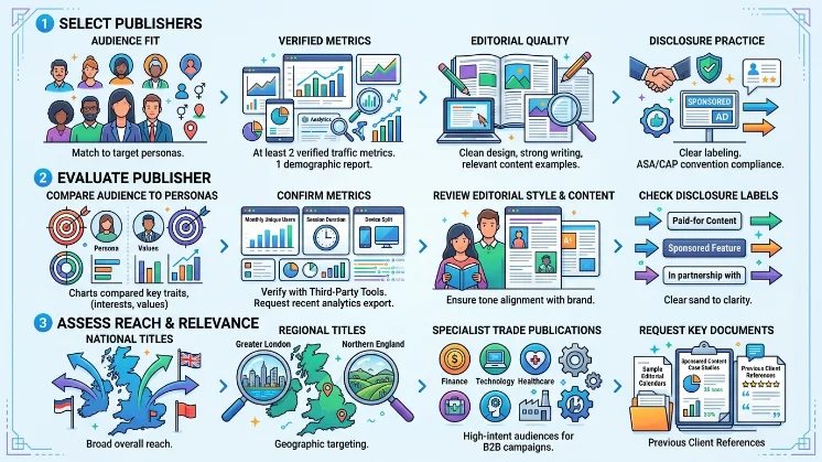 How do you select and evaluate UK publishers for sponsored content