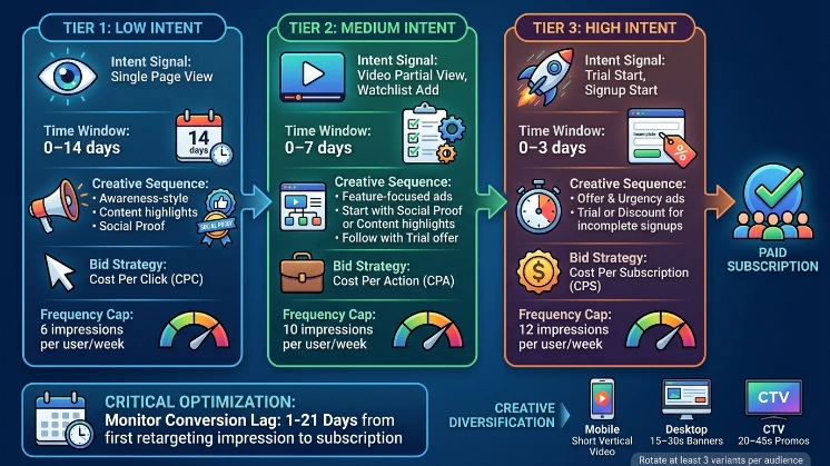 How do you structure retargeting campaigns for subscription conversions