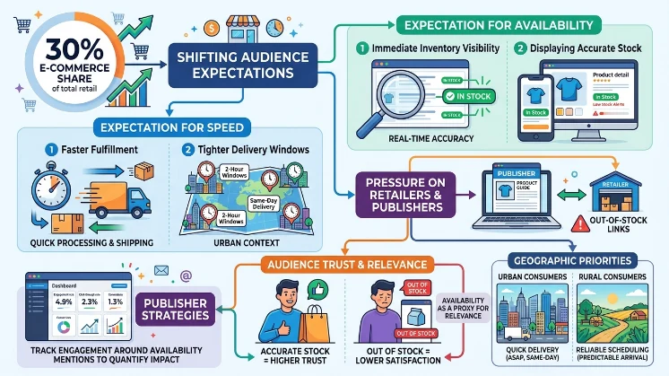 How does a 30% e-commerce share change audience expectations for speed and availability