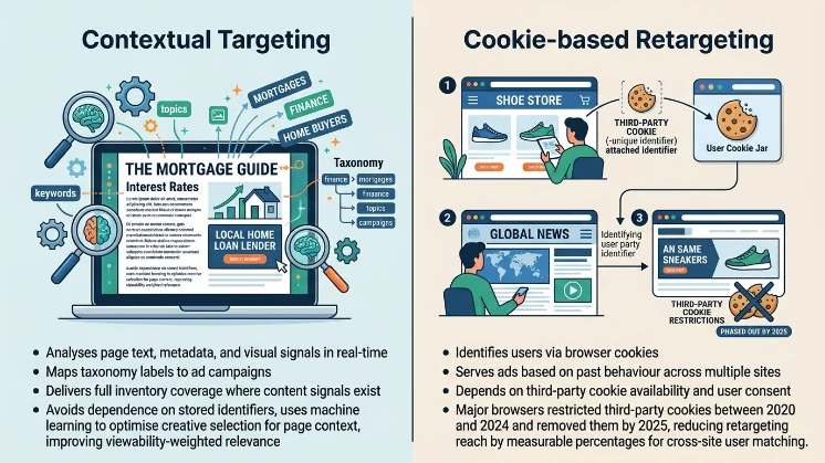 How does contextual targeting work compared with cookie-based retargeting