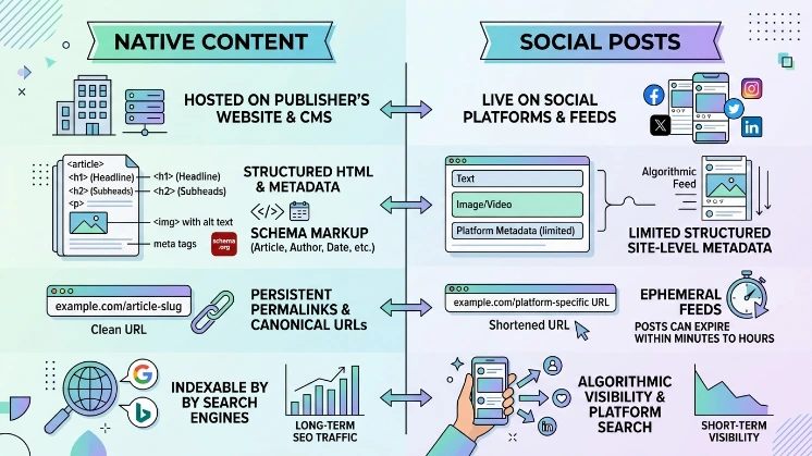 How does native content differ technically from social posts