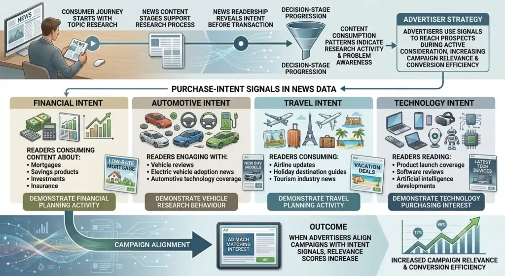How does news audience data help advertisers identify purchase intent
