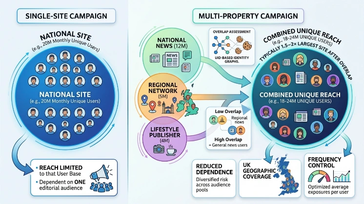 How does reach differ between single-site and multi-property sponsored content in the UK