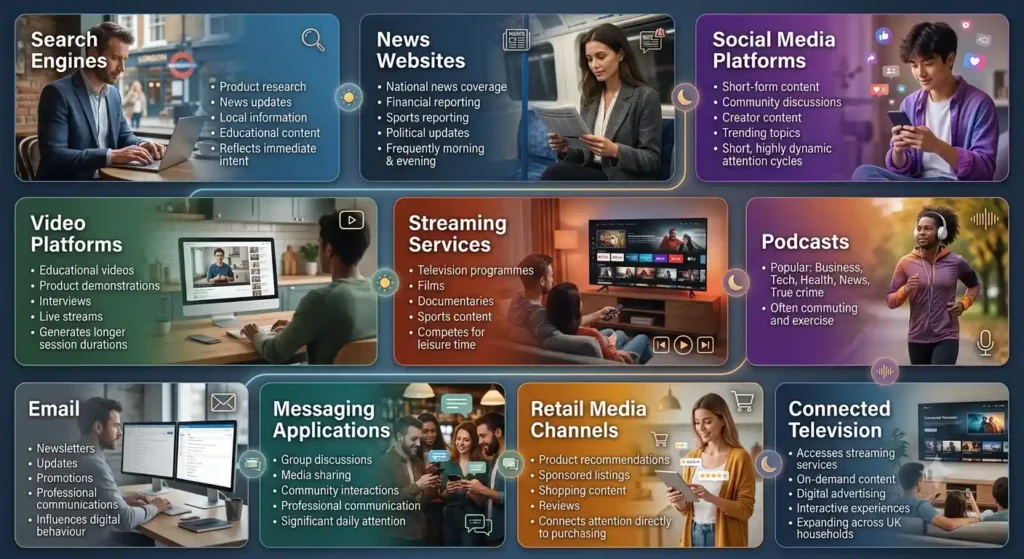How is audience attention fragmented across 10 major channels
