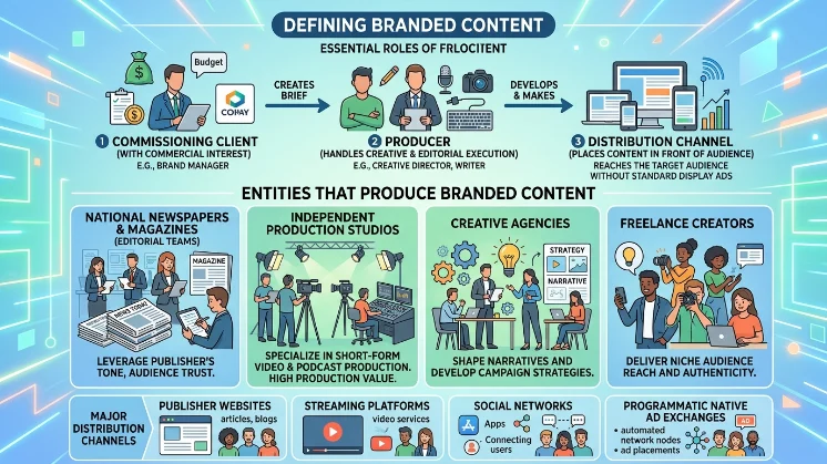 How is branded content defined and which entities produce it