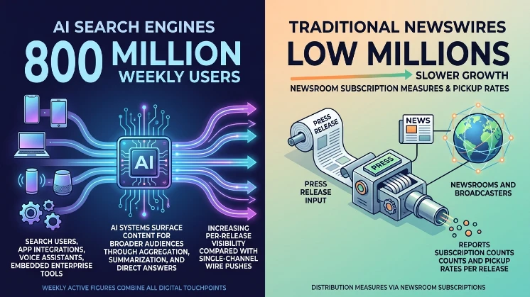 How many users rely on AI search engines compared with newswire audiences