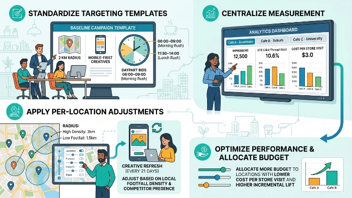How should cafes scale and optimise campaigns across multiple locations