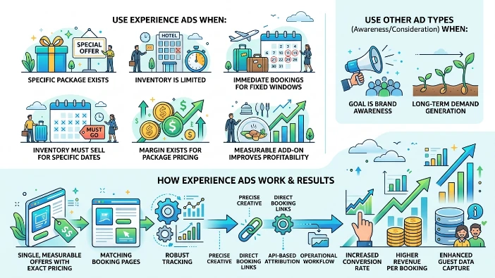 How should hotels decide when to use experience ads versus other ad types