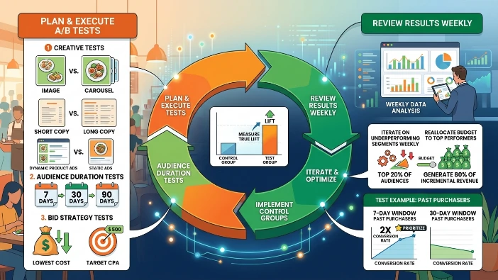 How should restaurants test and optimise retargeting campaigns