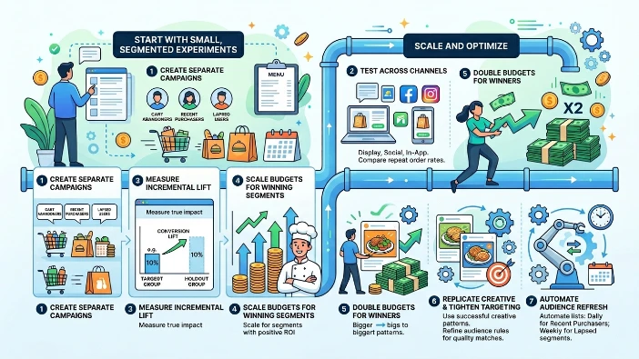 How should restaurants test and scale retargeting campaigns?
