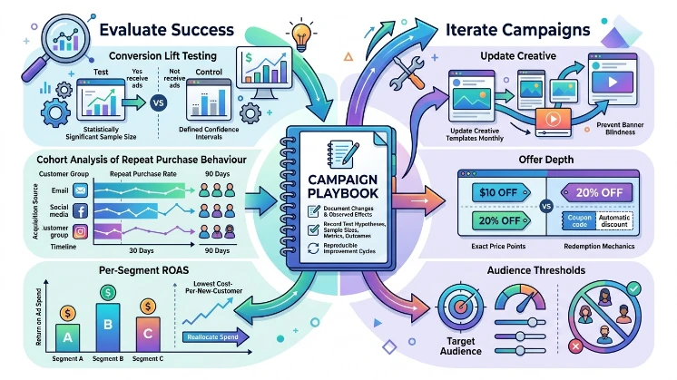 How should teams evaluate success and iterate campaigns for better purchase conversion