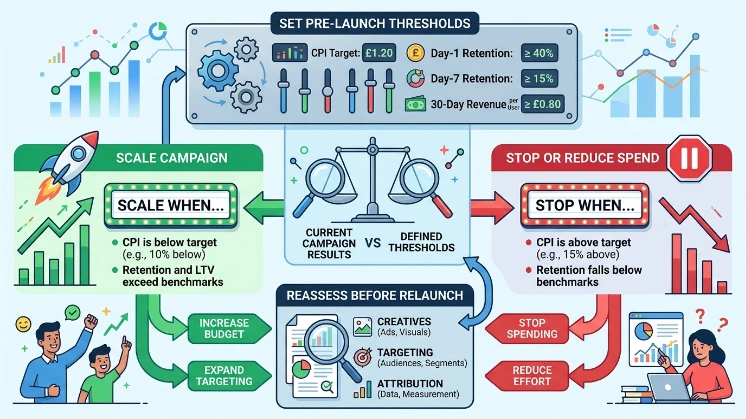 How should teams evaluate whether to scale or stop a banner campaign