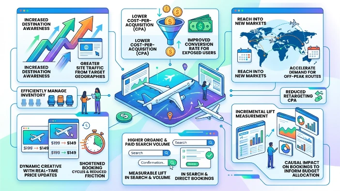 What are typical benefits of display campaigns for airlines?