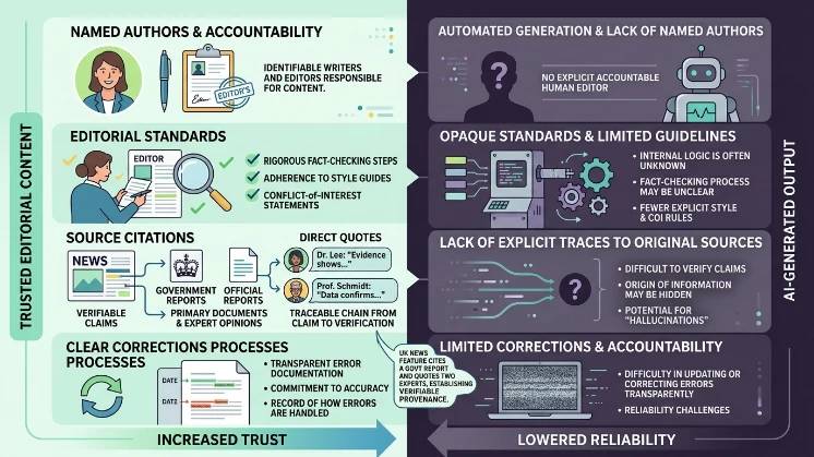 What features of editorial content increase trust compared with AI output
