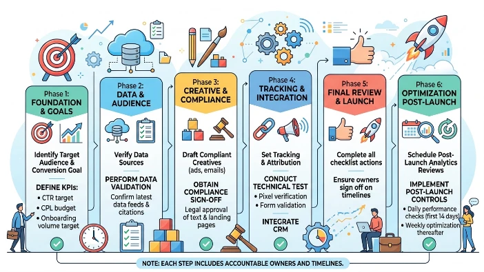 What implementation checklist ensures a successful campaign launch