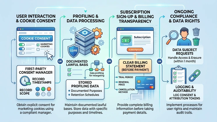 What legal and privacy requirements affect ad-driven subscription acquisition in the UK