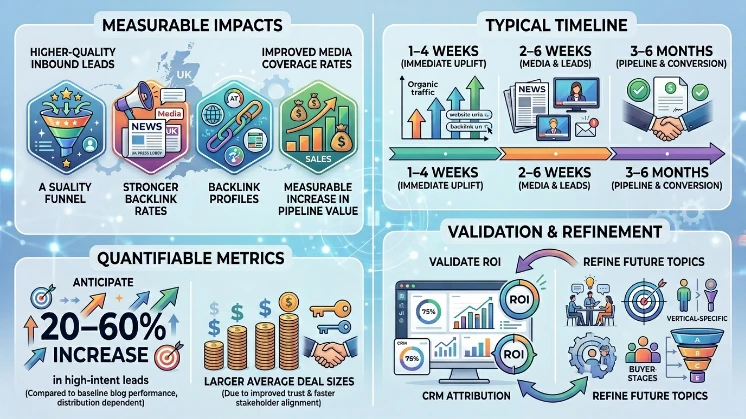 What outcomes should organisations expect after publishing UK-focused research-backed content