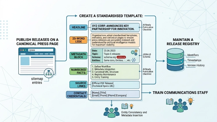 What processes should organisations implement to align press workflows with AI indexing