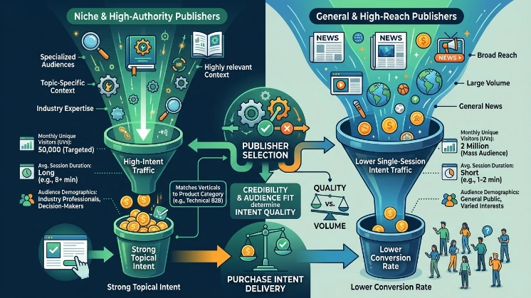 What role does publisher selection play in purchase intent delivery