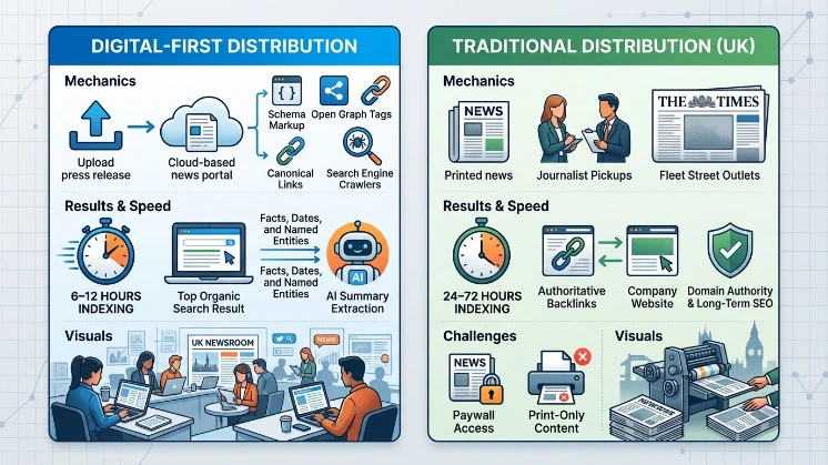 Which distribution method provides better search and AI visibility for UK audiences in 2026