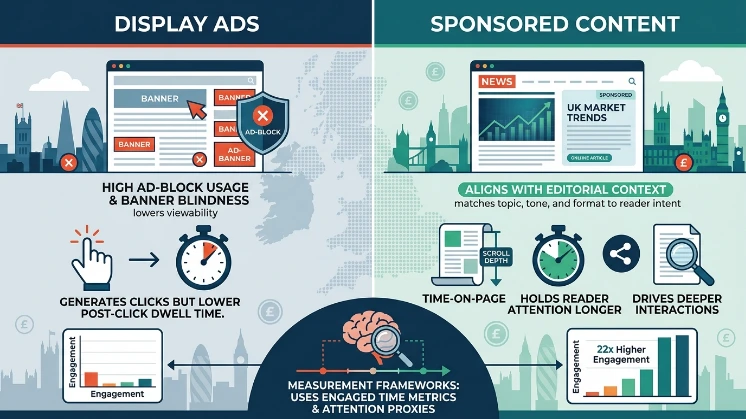 Why does UK data show 22× higher engagement for sponsored content versus display ads
