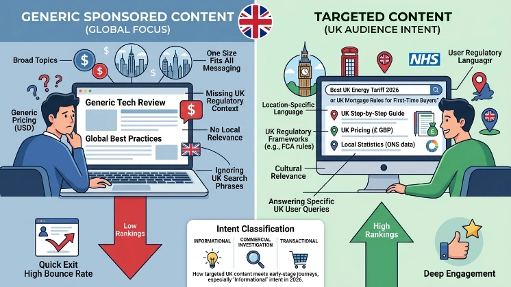 Why does sponsored content fail to match UK audience search intent?