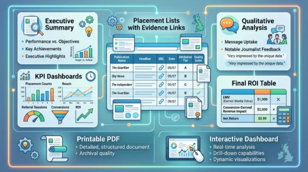 How are results reported to UK clients and stakeholders?