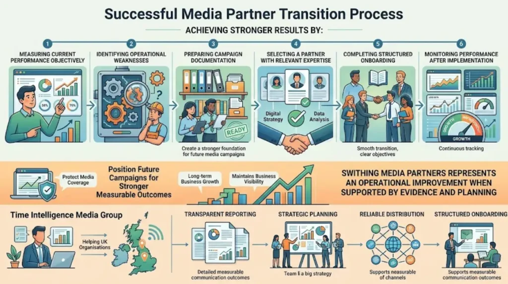 How can businesses complete a successful media partner transition?