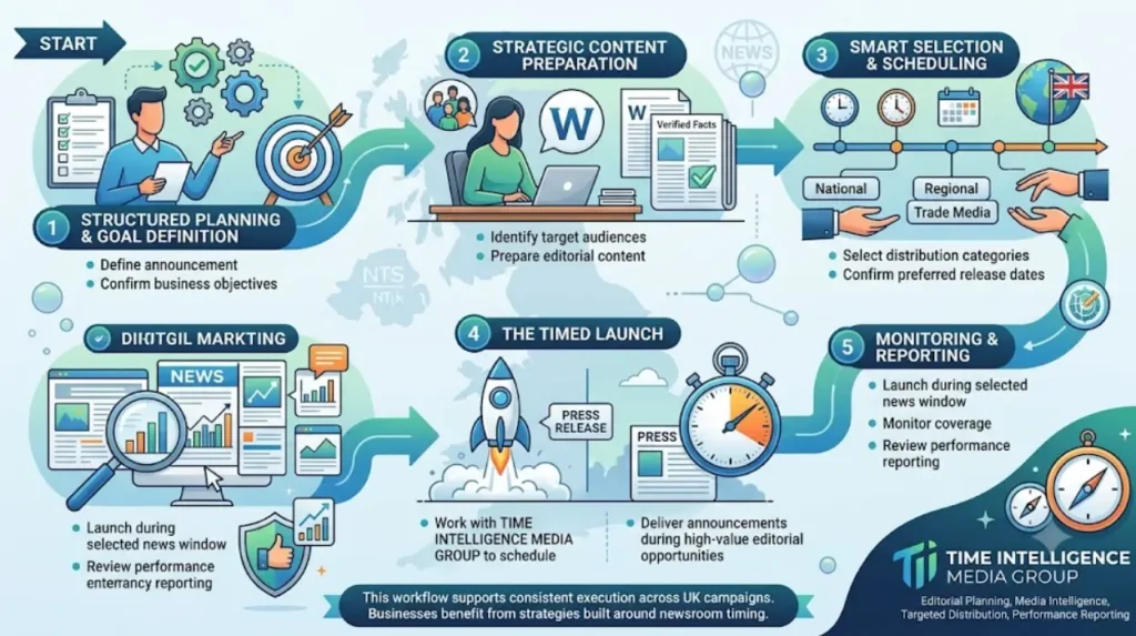 How can businesses start a professionally timed UK press release campaign?