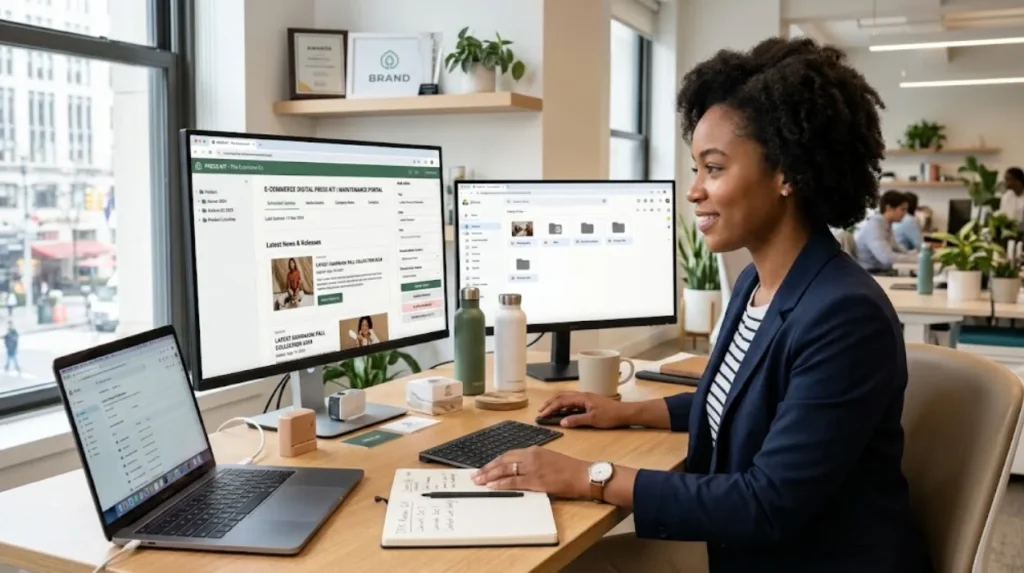 How can e-commerce businesses maintain an effective digital press kit?