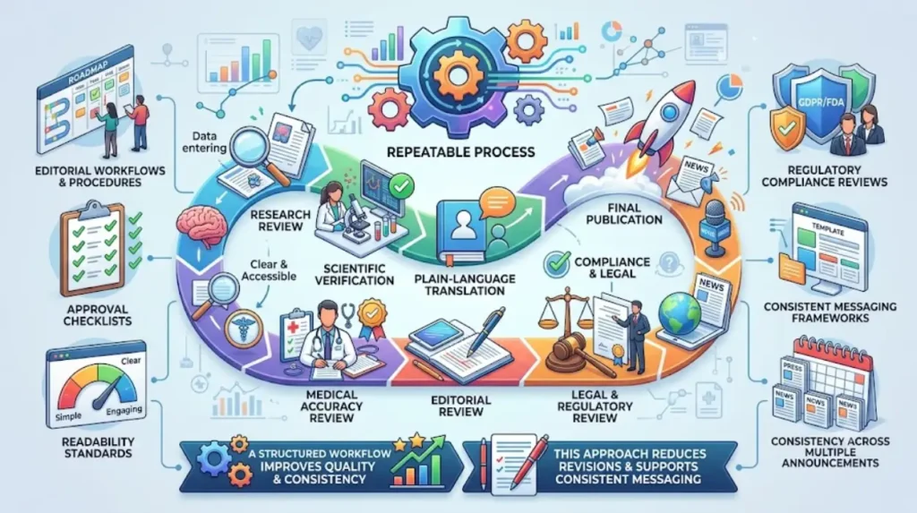 How can organisations create a repeatable process for medical research communication?