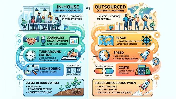 How can teams decide between in-house and outsourced media relations