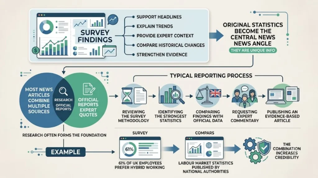 How do UK journalists use survey findings in news stories?