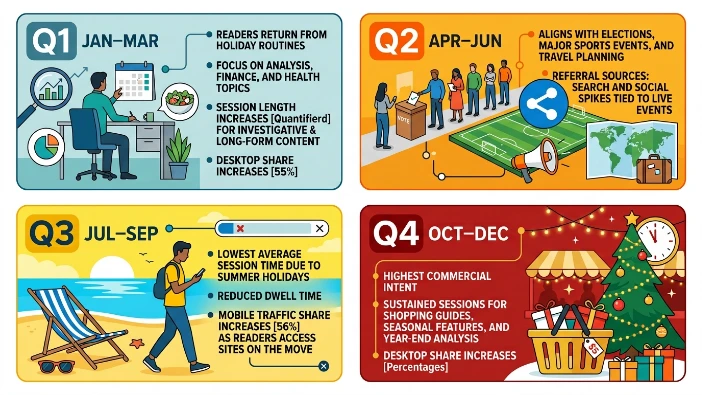 How do UK news audience behaviours differ by quarter