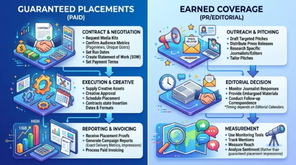 How do buying processes differ for guaranteed placements and earned coverage?