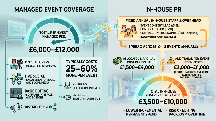 How do costs differ between managed event coverage and in-house PR