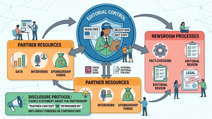 How do editorial partnerships work operationally in the UK media system