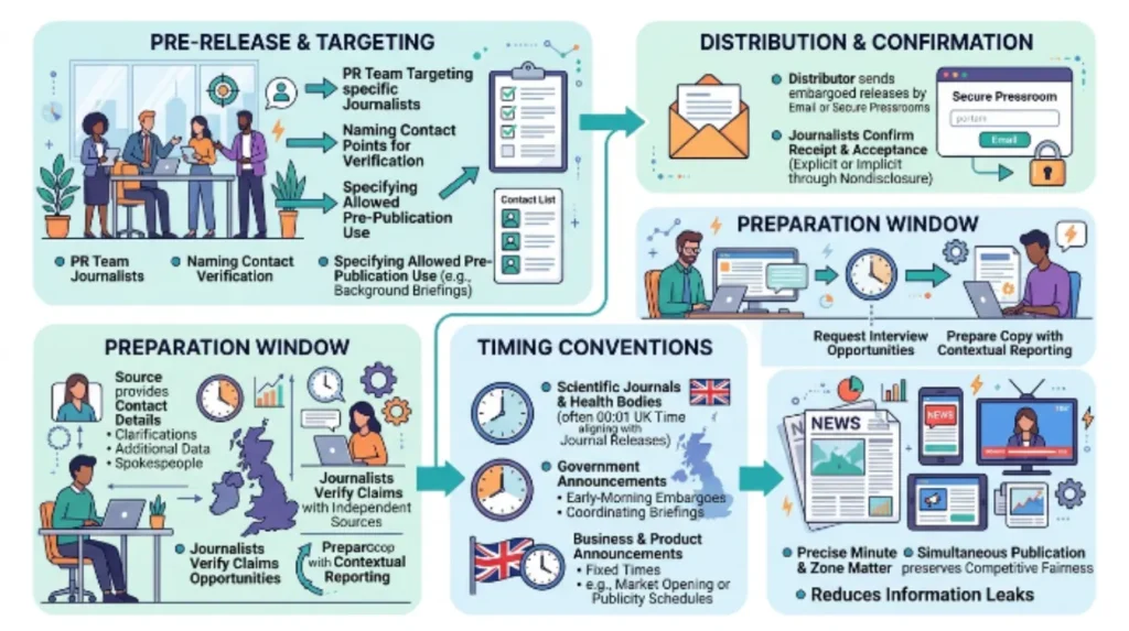 How do embargoes function operationally in UK media?