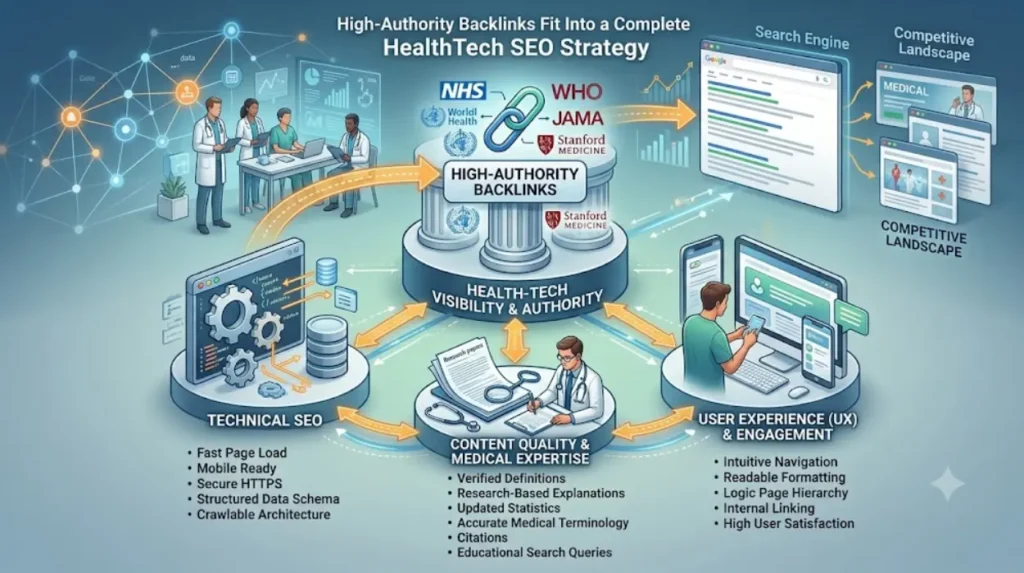How do high-authority backlinks fit into a complete HealthTech SEO strategy?