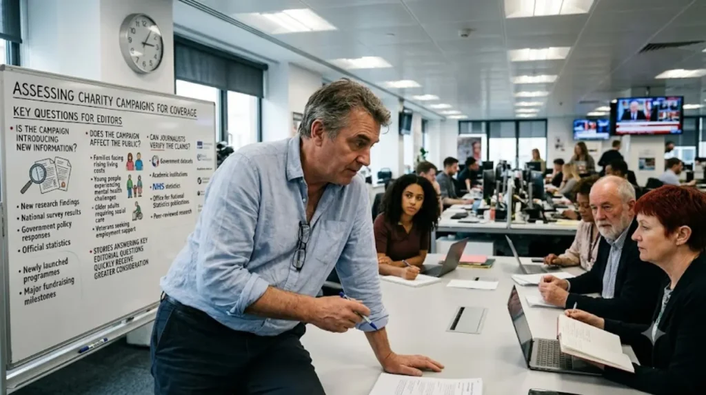 How do journalists decide whether a charity campaign deserves coverage?